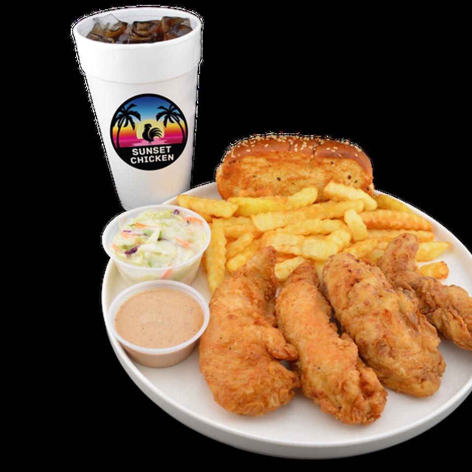 Sunset Chicken meal with fried chicken tenders, fries, coleslaw, dipping sauce, and a drink.