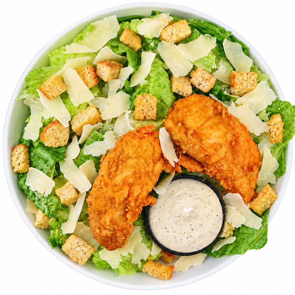 Caesar salad topped with crispy breaded chicken, Parmesan shavings, croutons, and creamy dressing in a bowl.