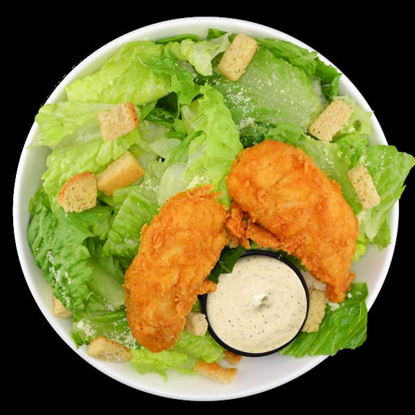 Caesar salad with crispy fried chicken tenders, croutons, parmesan cheese, and dressing.